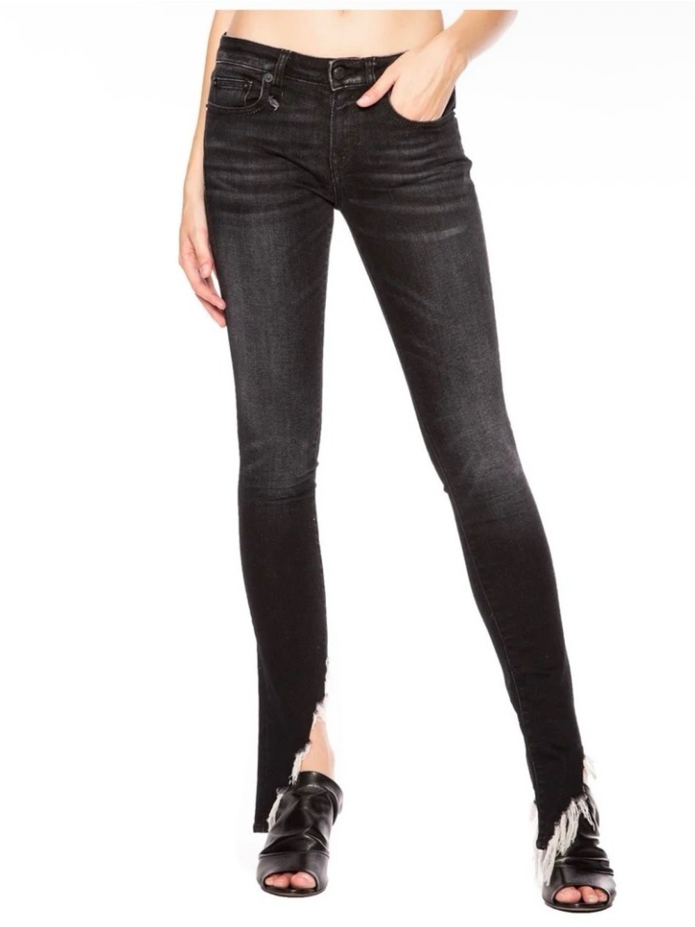 R13 luxury jeans Kate angled hem size 24 distressed black dark moon wash